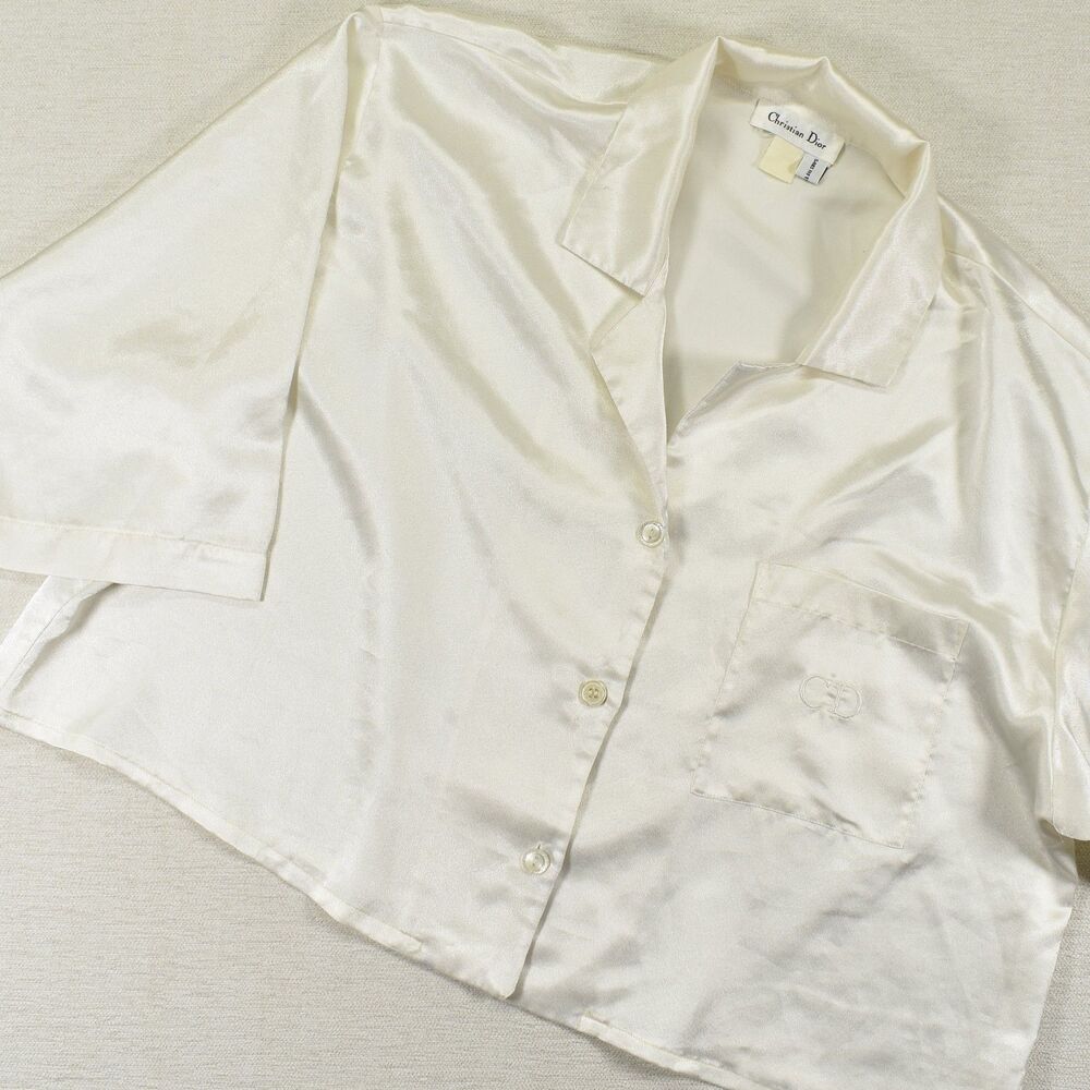 VTG Christian Dior Womens Off White Satin Pajama Top Button Front Silk Lounge